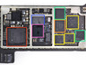 Màu đỏ biểu thị VXL Qualcomm M9616M hỗ trợ kết nối LTE với RAM riêng, các bộ khuếch đại năng lượng bao gồm màu cam, vàng, xanh lục, màu xanh dương là module lọc và bắt sóng di động còn màu đen là IC nguồn của Qualcomm có tên model PM8018. 